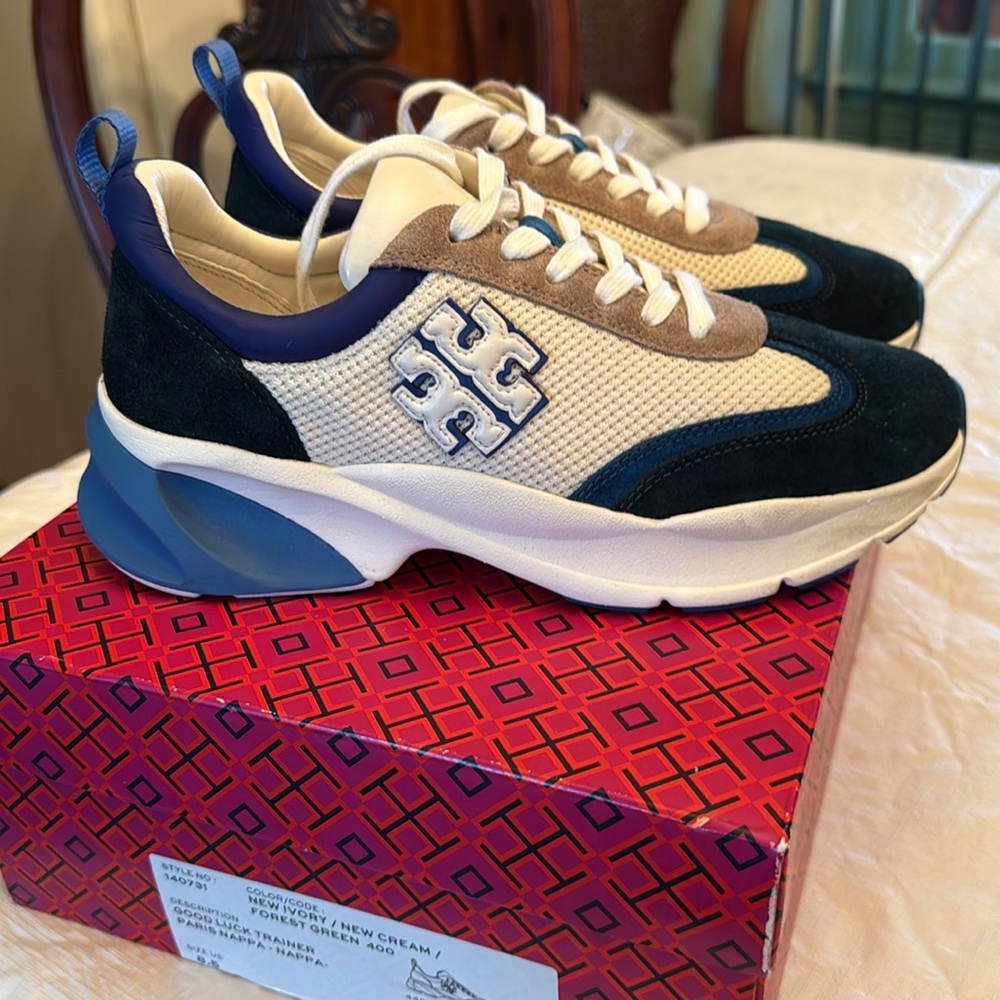 Tory Burch Lucky Trainer Stylish Beige and Blue Sneakers - Picture 4 of 7